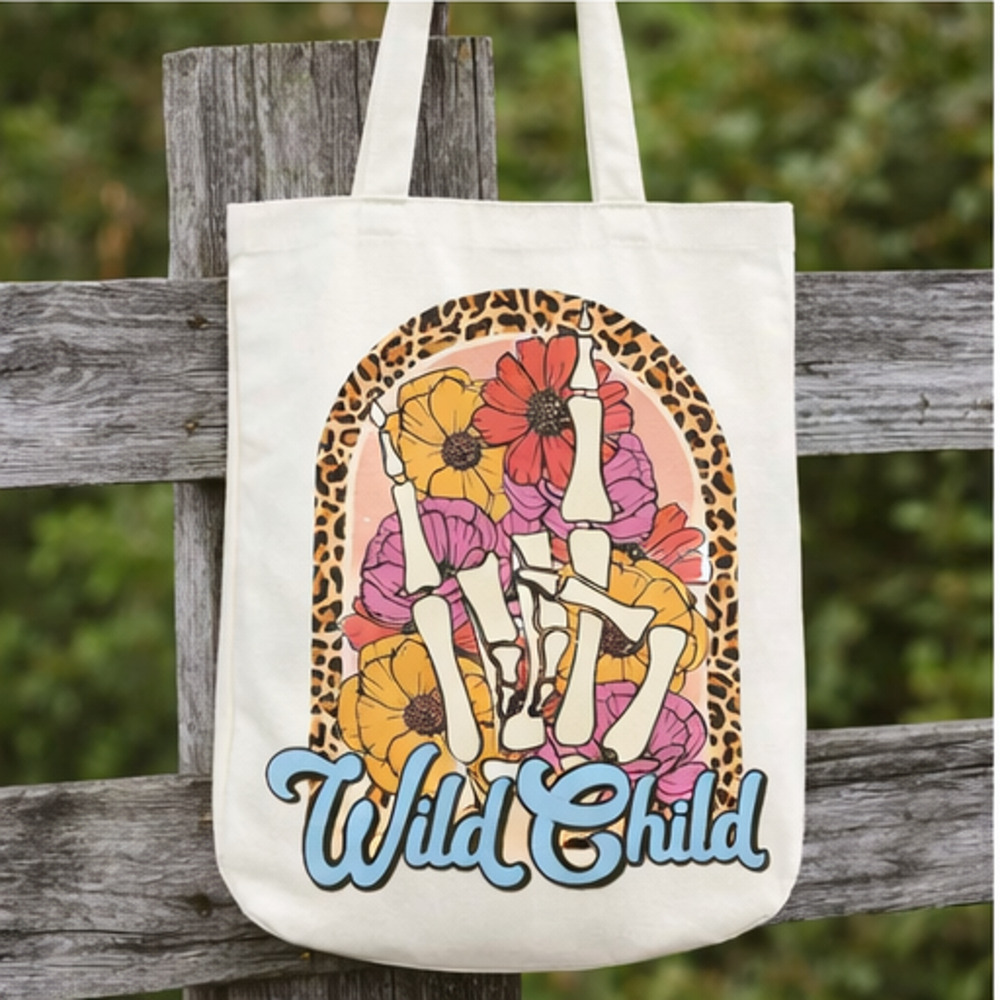 Wild Child Canvas Tote Bag | Boho Floral Skeleton Tote | Leopard Print Arch Bag